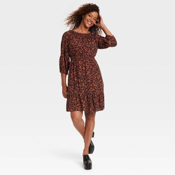 Knox Rose Long Sleeve Smocked A-Line Dress dark brown leopard print large new - Picture 1 of 13